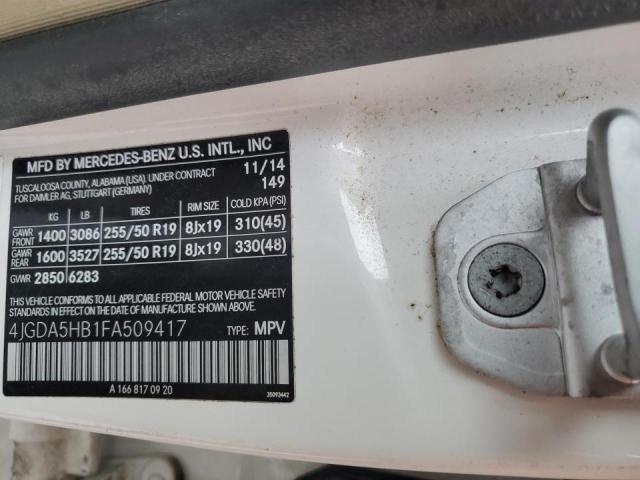 4JGDA5HB1FA509417 - 2015 MERCEDES-BENZ ML 350 4MATIC WHITE photo 12