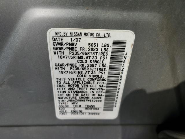 JN8AZ08W87W640889 - 2007 NISSAN MURANO SL SILVER photo 13