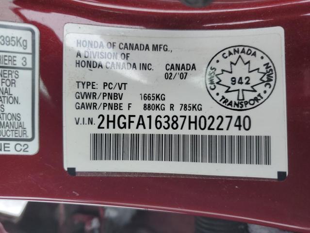 2HGFA16387H022740 - 2007 HONDA CIVIC DX MAROON photo 12