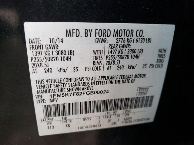 1FM5K7F82FGB08024 - 2015 FORD EXPLORER LIMITED BLACK photo 12