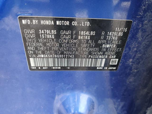 JHMGK5H76GX012743 - 2016 HONDA FIT EX BLUE photo 13