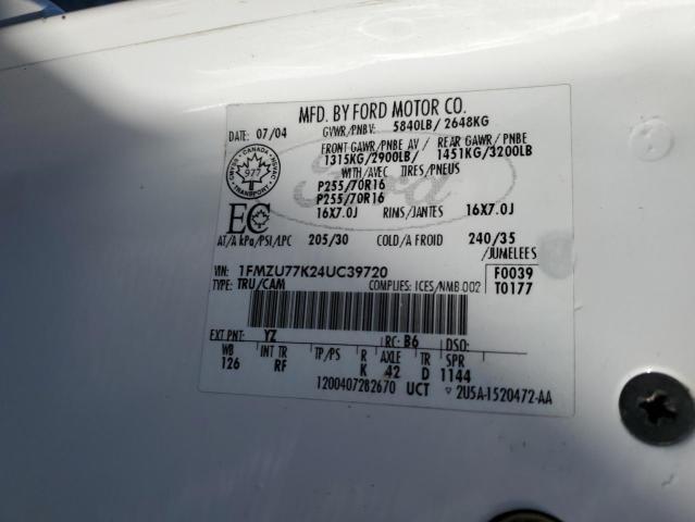 1FMZU77K24UC39720 - 2004 FORD EXPLORER S WHITE photo 12