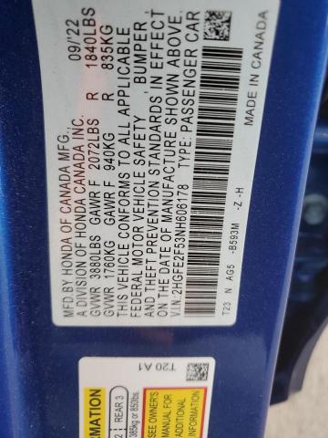 2HGFE2F53NH606178 - 2022 HONDA CIVIC SPORT 蓝色 照片 12