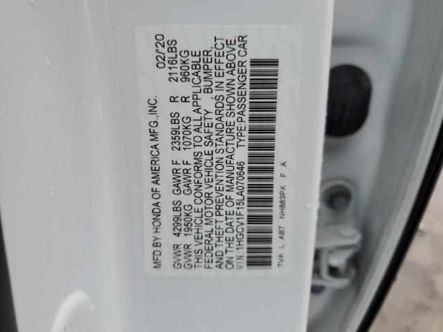 1HGCV1F15LA070646 - 2020 HONDA ACCORD LX WHITE photo 12