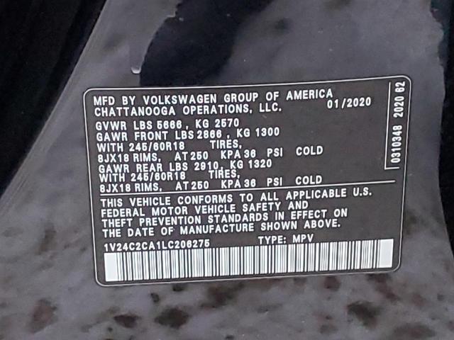1V24C2CA1LC206275 - 2020 VOLKSWAGEN ATLAS CROS SE Черный фото 12