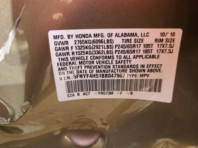 5FNYF4H51BB047907 - 2011 HONDA PILOT EXL GOLD photo 13