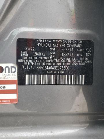 3KPC24A64NE175500 - 2022 HYUNDAI ACCENT SE GRAY photo 12