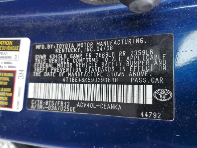 4T1BE46K59U290618 - 2009 TOYOTA CAMRY BASE BLUE photo 12