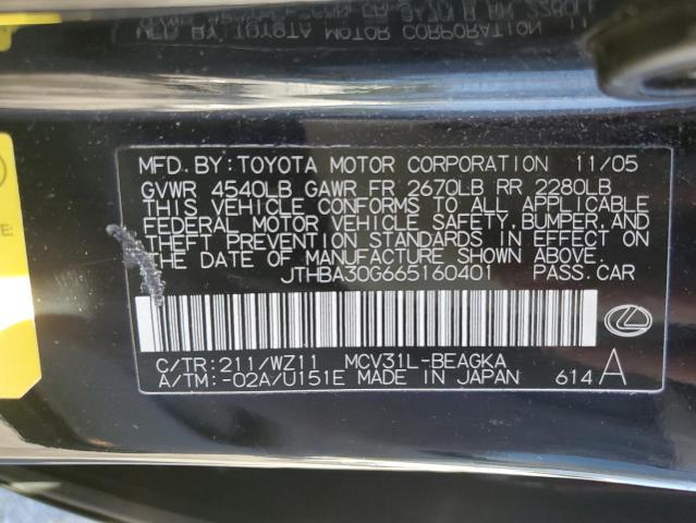 JTHBA30G665160401 - 2006 LEXUS ES 330 BLACK photo 12