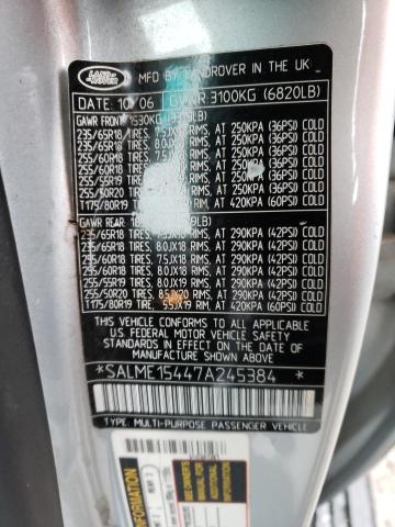 SALME15447A245384 - 2007 LAND ROVER RANGE ROVE HSE SILVER photo 13