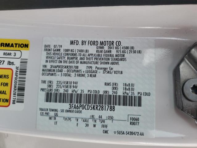 3FA6P0CD5KR281788 - 2019 FORD FUSION SEL WHITE photo 12