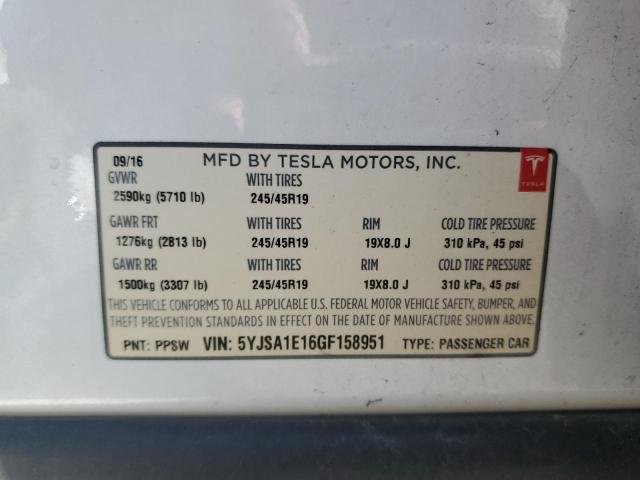 5YJSA1E16GF158951 - 2016 TESLA MODEL S Սպիտակ լուսանկար 12