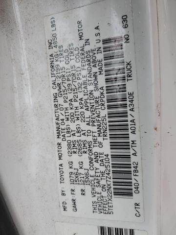 5TETX22NX7Z425104 - 2007 TOYOTA TACOMA ACCESS CAB თეთრი ფოტო 12