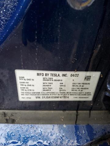 5YJSA1E59NF477874 - 2022 TESLA MODEL S ლურჯი ფოტო 12