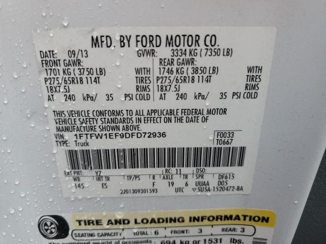 1FTFW1EF9DFD72936 - 2013 FORD F150 SUPERCREW WHITE photo 12