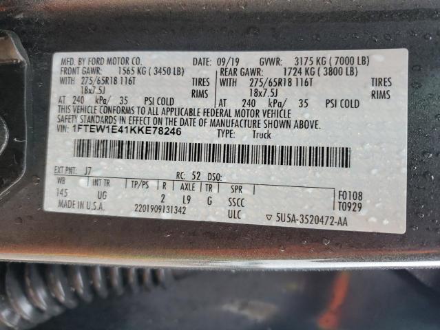 1FTEW1E41KKE78246 - 2019 FORD F150 SUPERCREW GRAY photo 12