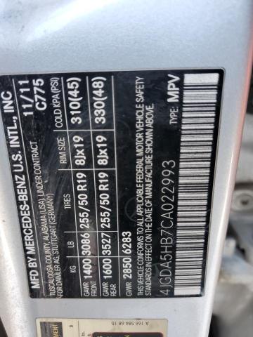 4JGDA5HB7CA022993 - 2012 MERCEDES-BENZ ML 350 4MATIC SILVER photo 12