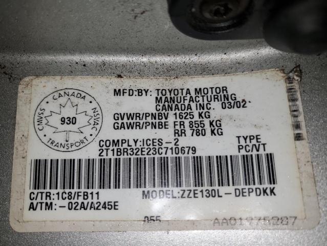 2T1BR32E23C710679 - 2003 TOYOTA COROLLA CE SILVER photo 13