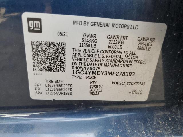 1GC4YMEY3MF278393 - 2021 CHEVROLET SILVERADO K2500 CUSTOM BLUE photo 12