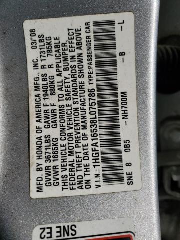 1HGFA16538L075786 - 2008 HONDA CIVIC LX SILVER photo 12