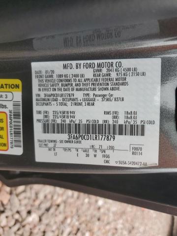 3FA6P0CD1LR177879 - 2020 FORD FUSION SEL CHARCOAL photo 12