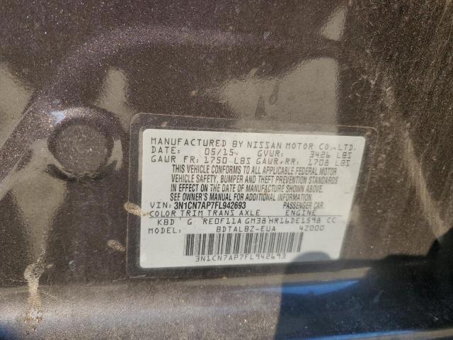 3N1CN7AP7FL942693 - 2015 NISSAN VERSA S GRAY photo 13