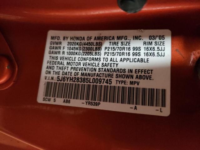 5J6YH28385L009745 - 2005 HONDA ELEMENT LX ORANGE photo 12