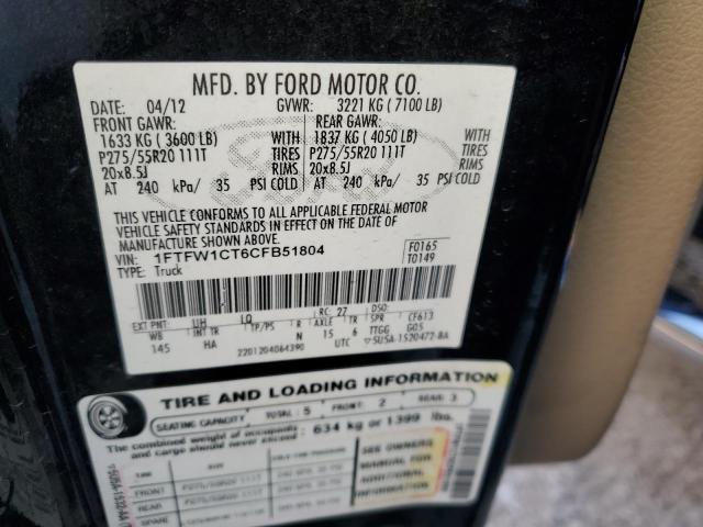 1FTFW1CT6CFB51804 - 2012 FORD F150 SUPER BLACK photo 12