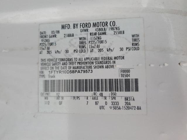 1FTYR10D58PA79573 - 2008 FORD RANGER WHITE photo 12