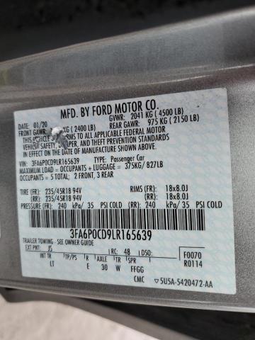 3FA6P0CD9LR165639 - 2020 FORD FUSION SEL SILVER photo 12