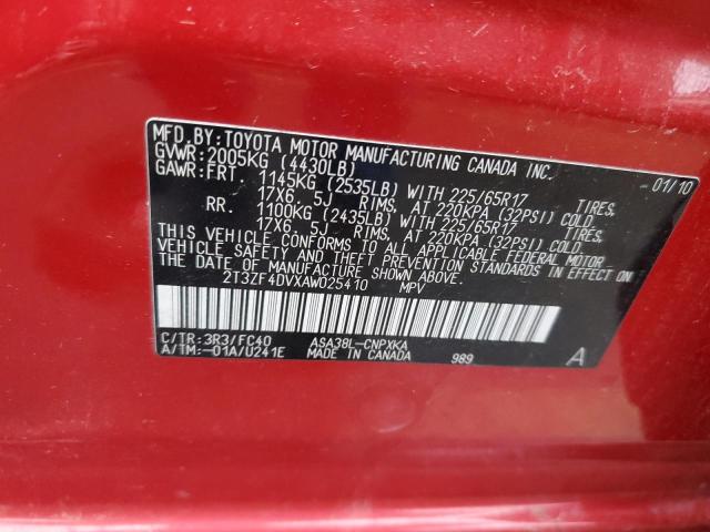 2T3ZF4DVXAW025410 - 2010 TOYOTA RAV4 RED photo 12