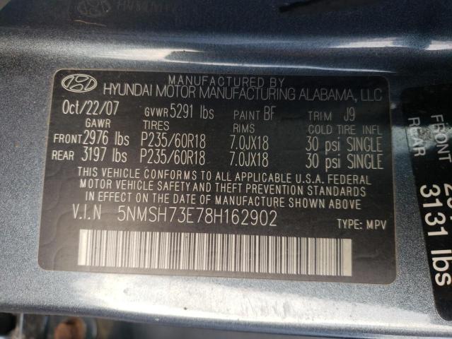 5NMSH73E78H162902 - 2008 HYUNDAI SANTA FE SE BLUE photo 12