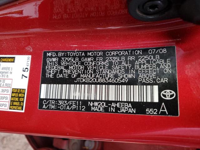 JTDKB20U883460549 - 2008 TOYOTA PRIUS RED photo 12