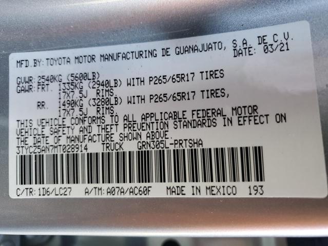3TYCZ5AN7MT028914 - 2021 TOYOTA TACOMA DOUBLE CAB 银色 照片 12