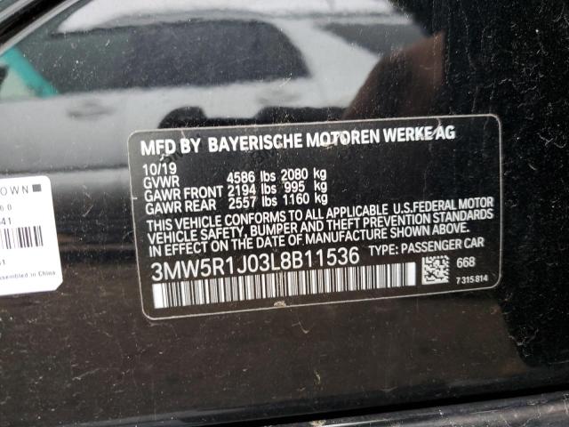 3MW5R1J03L8B11536 - 2020 BMW 330I BLACK photo 12
