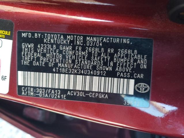 4T1BE32K34U340912 - 2004 TOYOTA COROLLA IM LE BURGUNDY photo 12