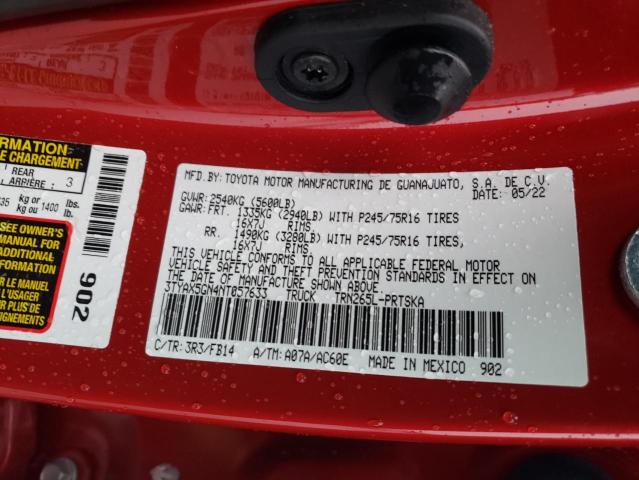 3TYAX5GN4NT057633 - 2022 TOYOTA TACOMA DOUBLE CAB 红色 照片 12