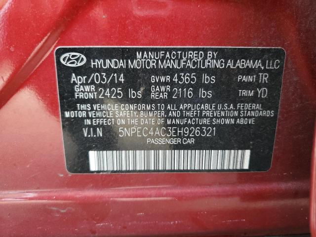 5NPEC4AC3EH926321 - 2014 HYUNDAI SONATA SE RED photo 12