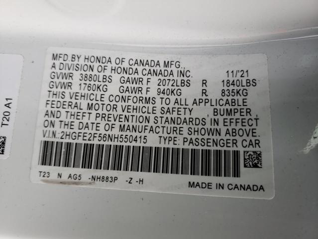 2HGFE2F56NH550415 - 2022 HONDA CIVIC SPORT 白色 照片 12