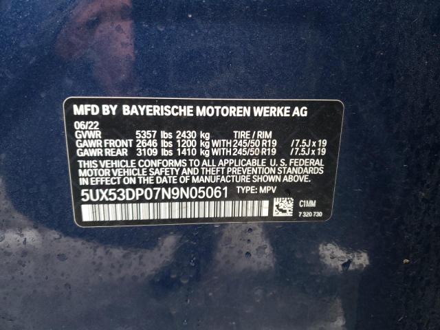 5UX53DP07N9N05061 - 2022 BMW X3 XDRIVE30I BLUE photo 12