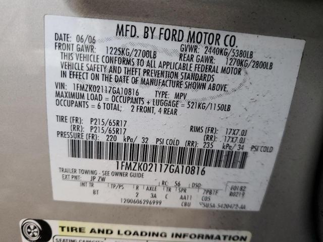 1FMZK02117GA10816 - 2007 FORD FREESTYLE SEL SILVER photo 13