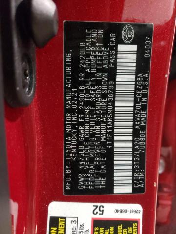 4T1F11AK5MU436799 - 2021 TOYOTA CAMRY XLE RED photo 12