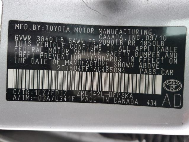 2T1BU4EE1AC485894 - 2010 TOYOTA COROLLA BASE SILVER photo 12