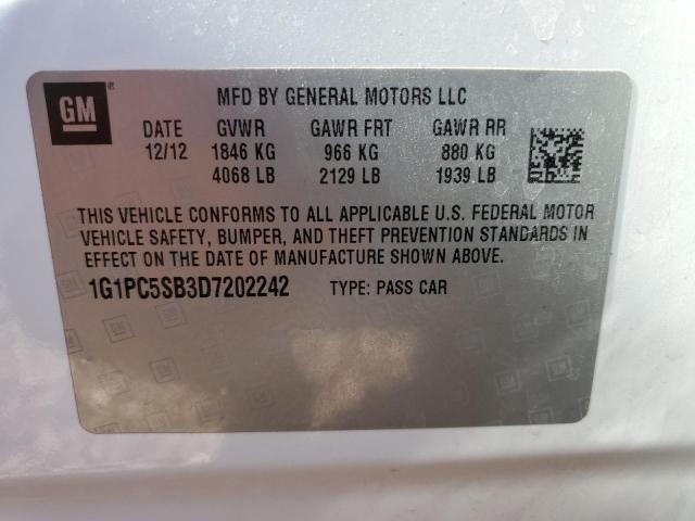 1G1PC5SB3D7202242 - 2013 CHEVROLET CRUZE LT WHITE photo 12