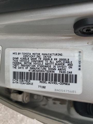 4T1BE32K83U722836 - 2003 TOYOTA CAMRY LE SILVER photo 12
