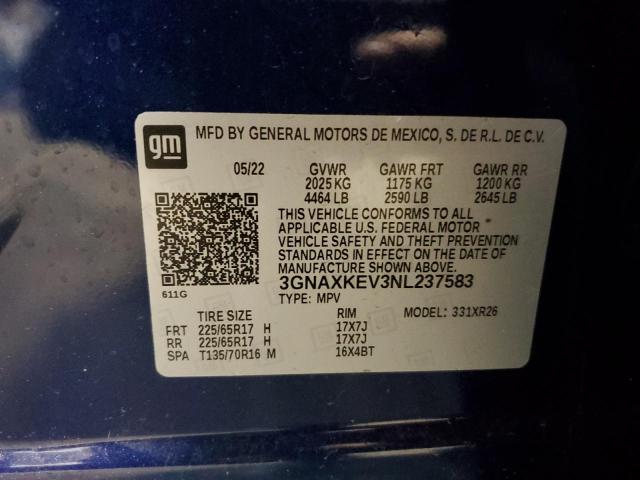 3GNAXKEV3NL237583 - 2022 CHEVROLET EQUINOX LT BLUE photo 13