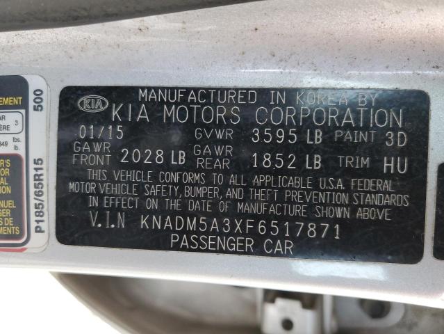 KNADM5A3XF6517871 - 2015 KIA RIO LX SILVER photo 12