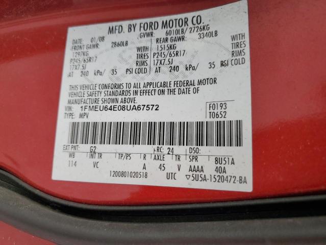 1FMEU64E08UA67572 - 2008 FORD EXPLORER EDDIE BAUER RED photo 14