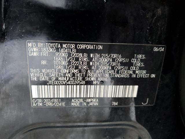 JTEGD20V540039548 - 2004 TOYOTA RAV4 BLACK photo 12