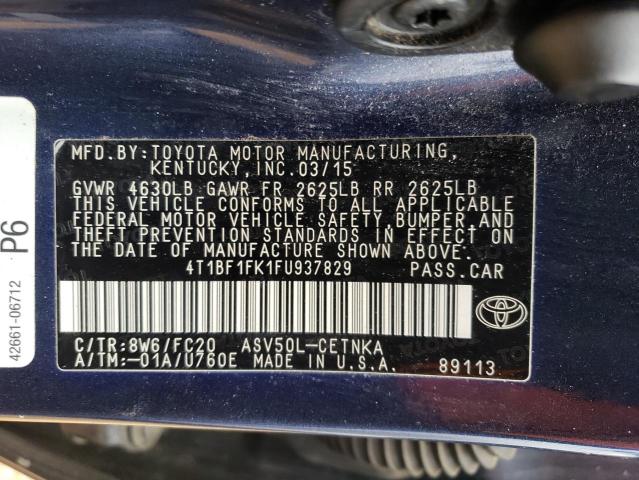 4T1BF1FK1FU937829 - 2015 TOYOTA CAMRY LE BLUE photo 12